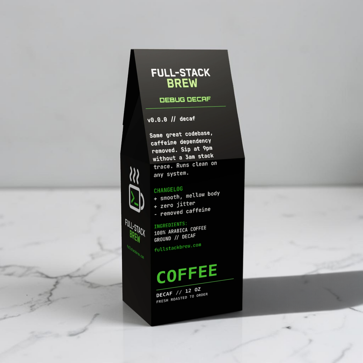 FullStackBrew Debug Decafe coffee bag with black packaging and green developer-themed text on a dark background.
