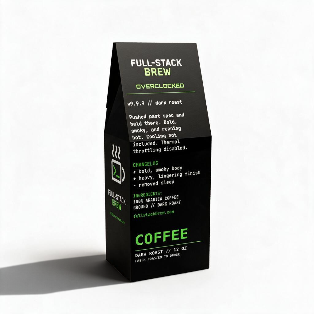 FullStackBrew OverClocked dark roast coffee bag with bold smoky flavor profile and tech-inspired packaging design