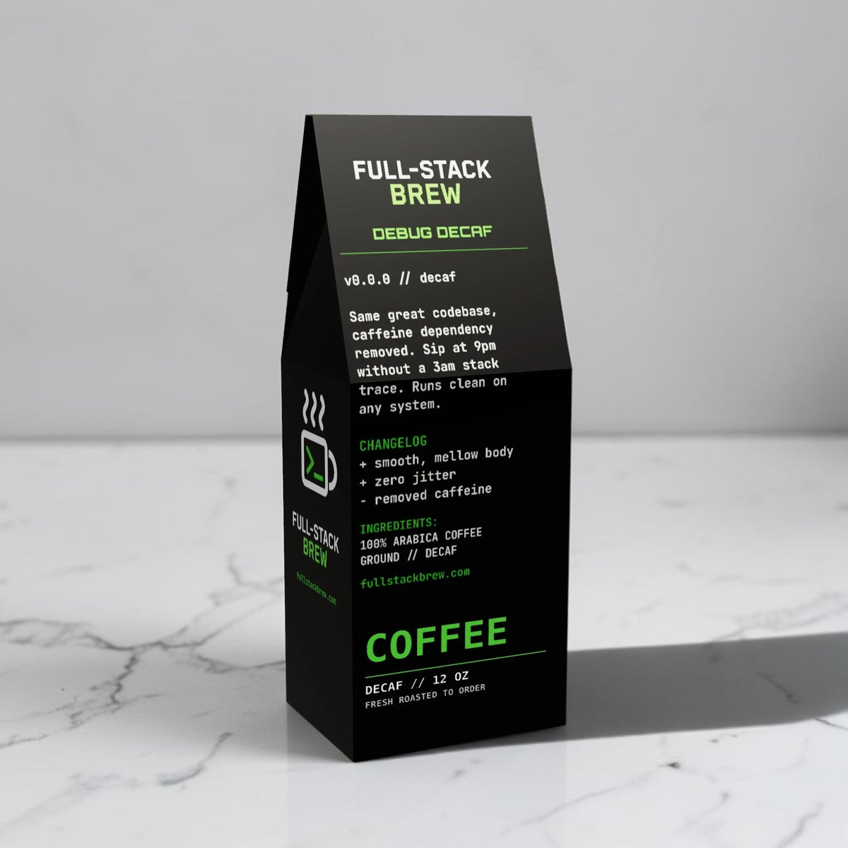 FullStackBrew Debug Decaf coffee bag with black packaging and green text on a white marble surface.