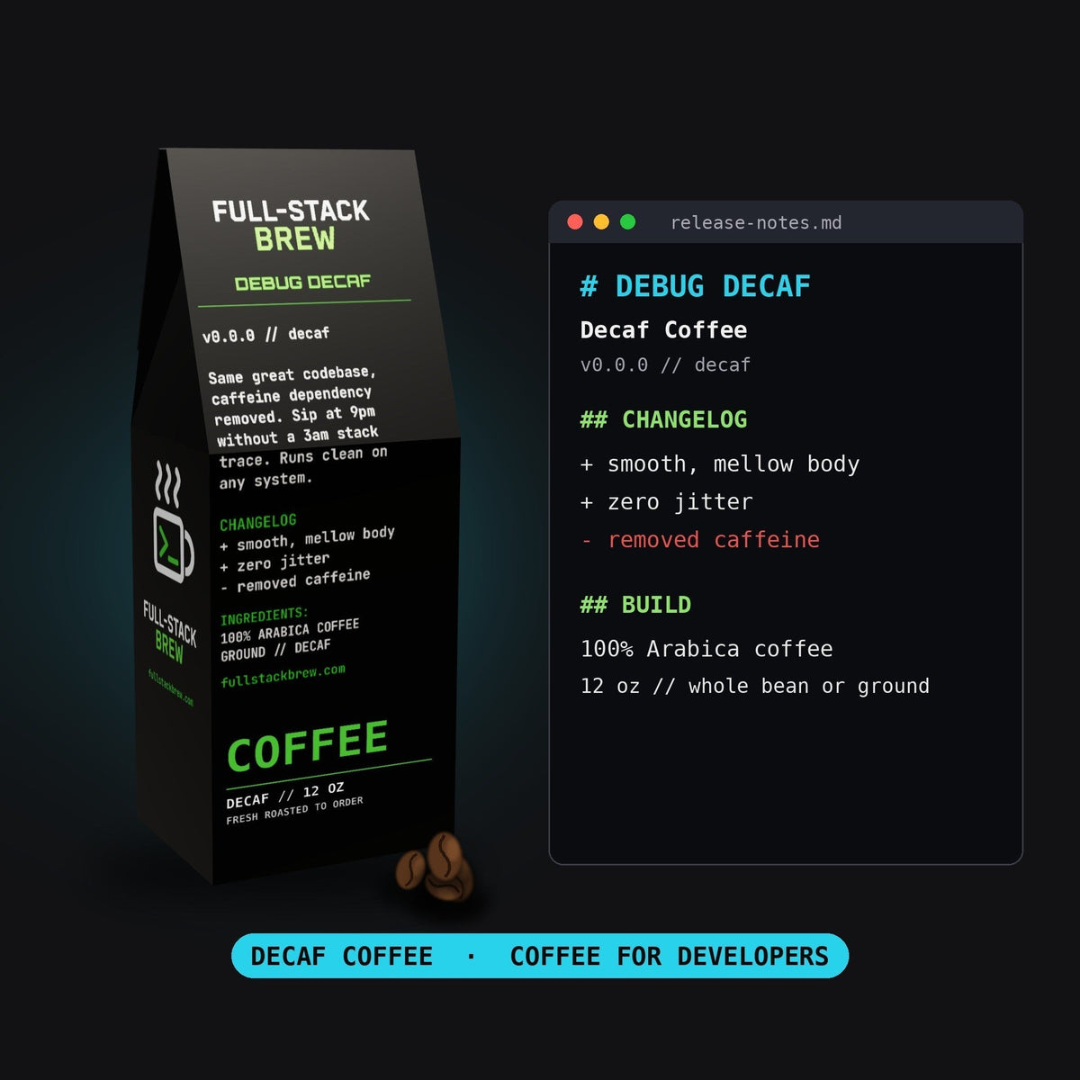 FullStackBrew Debug Decaf coffee bag featuring developer-themed packaging with a changelog and Arabica beans.