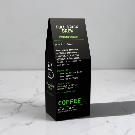 FullStackBrew Debug Decaf coffee bag in black packaging with green tech-themed text and coding-inspired labels.