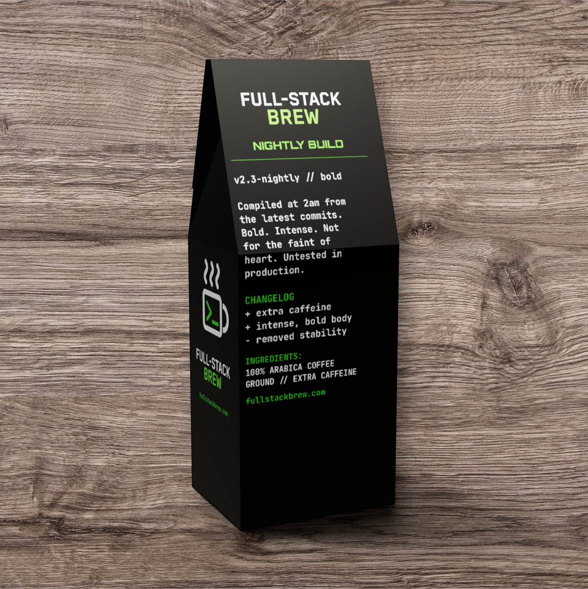 FullStackBrew Nightly Build high-caffeine ground Arabica coffee in a black developer-themed packaging box