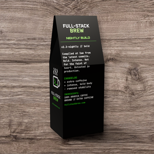 FullStackBrew Nightly Build high-caffeine ground Arabica coffee in a black developer-themed packaging box