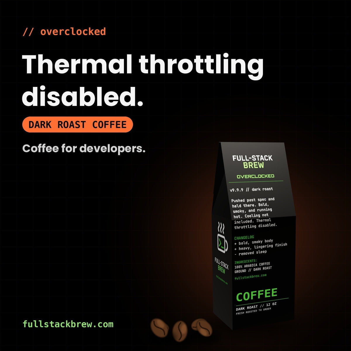 FullStackBrew OverClocked dark roast coffee bag with developer-themed packaging on a dark grid background.