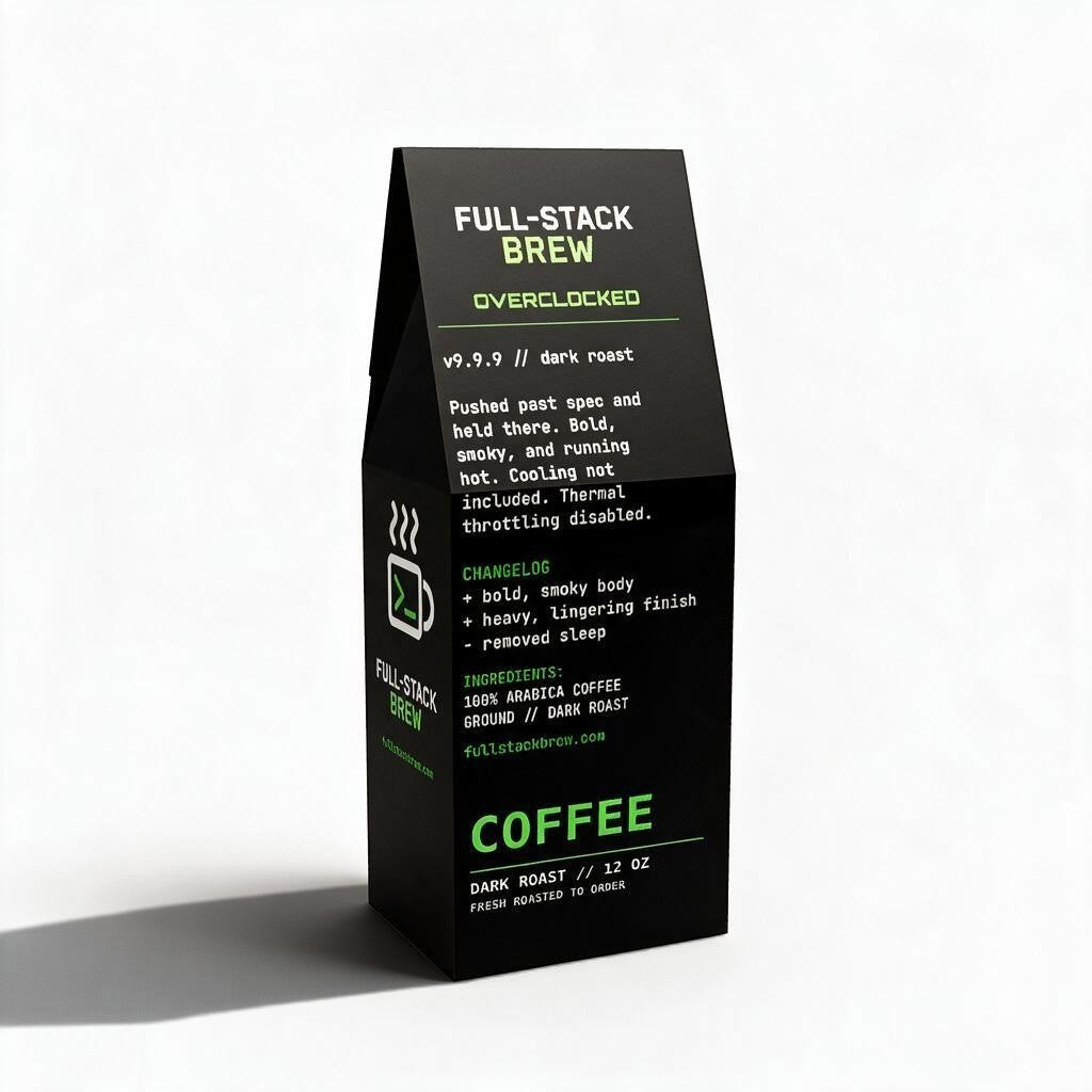 FullStackBrew OverClocked dark roast coffee bag with black packaging and green tech-inspired typography