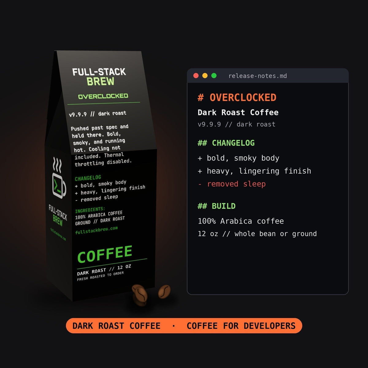 FullStackBrew OverClocked dark roast coffee bag with coding-themed packaging and a digital release notes display.