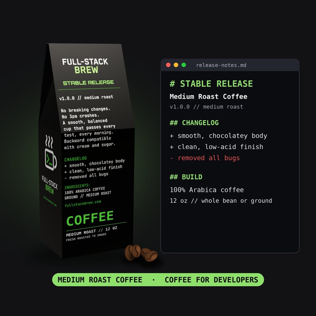 FullStackBrew Stable Release medium roast coffee bag with developer-themed packaging and release notes display