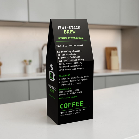 FullStackBrew Stable Release medium roast coffee bag with black packaging and green text details.