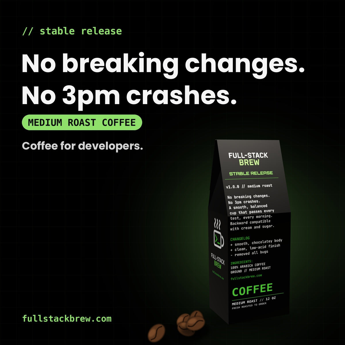 FullStackBrew Stable Release medium roast coffee bag with developer-themed packaging on a dark background
