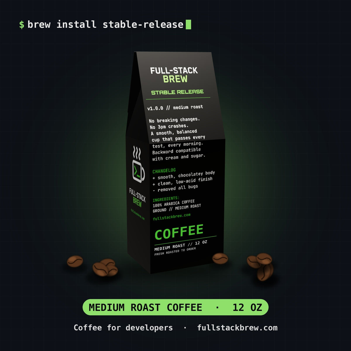 FullStackBrew Stable Release medium roast coffee bag with developer-themed packaging and scattered coffee beans.